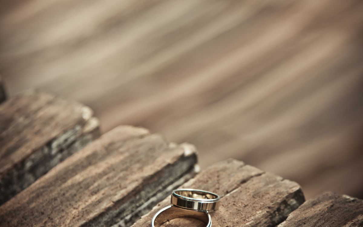 Two plain wedding bands resting on weathered wooden boards